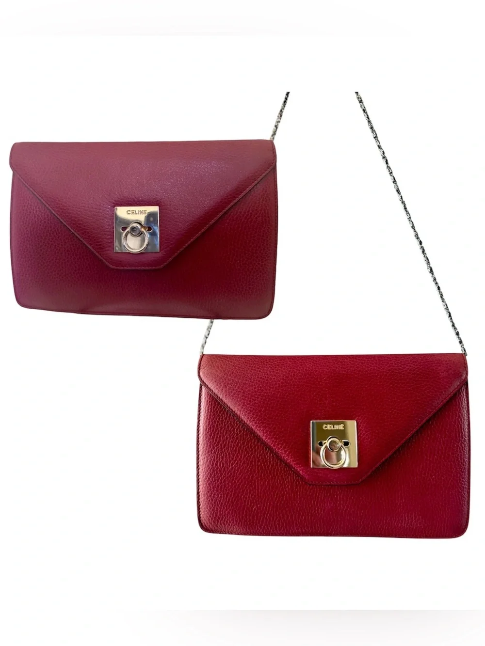 Celine Wine Red Pebbled Leather Envelope Clutch Purse Gold Hardware